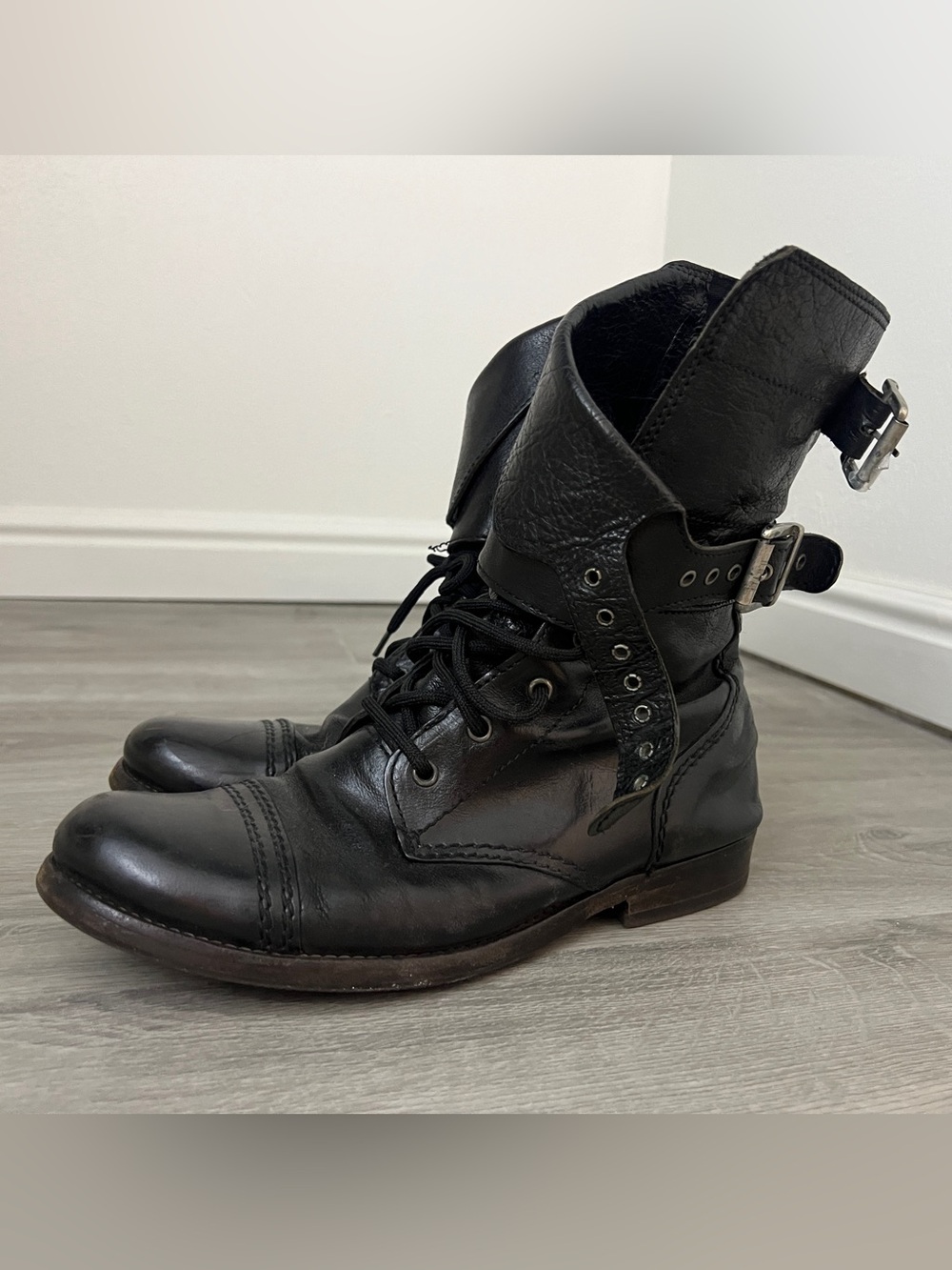 Allsaints “Damisi” Black Leather Combat Boots, Size UK 39/US 8 - Vintage
